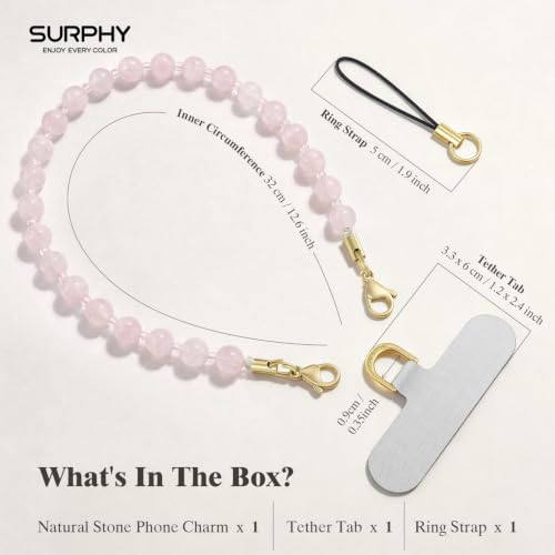 SURPHY Natural Stone Phone Charm, Beaded Phone Wrist Strap with Tether Tab - color: Rose Quartz