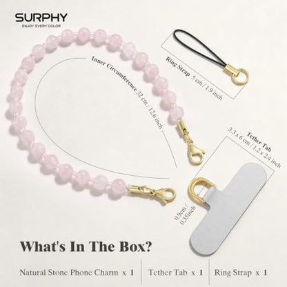 SURPHY Natural Stone Phone Charm, Beaded Phone Wrist Strap with Tether Tab - color: Rose Quartz