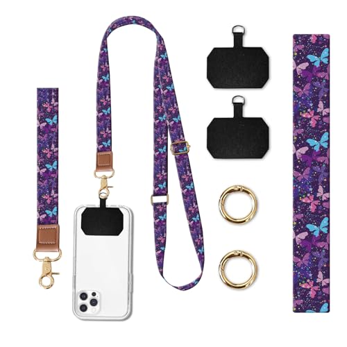 Phone Lanyard Crossbody Wrist Strap, Universal Adjustable Neck Strap for Phone Case Keys ID Badges, Travel Essential - color: Luxury Purple Butterfly