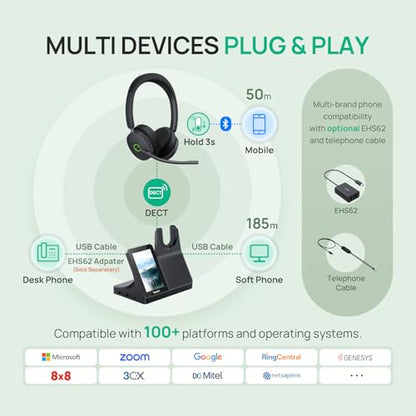 Yealink WH68 Workstation DECT Wireless Headset with 4" Touch Screen, 4 Mic Hybrid ANC, 606ft Range, All in One Workstation with Speaker, 3X USB Hub Office Headset for Desk Phone, Computer, Cellphone