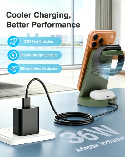 25W MagSafe Charging Station, 3-in-1 Magnetic Wireless Charger for Apple - color: Forest Green