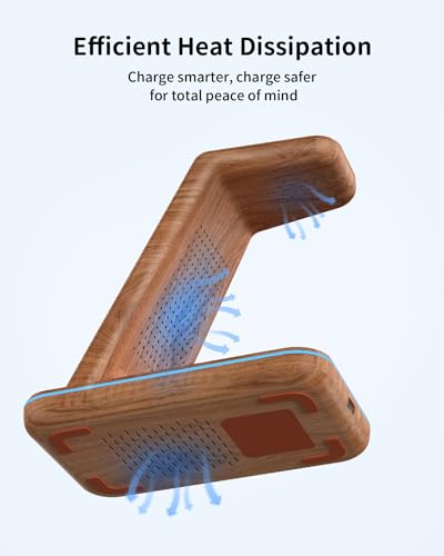 JoyGeek 3 in 1 Charging Station for Apple Devices, Wireless Charger Stand for iPhone 17/16/15/14/13/12/11/SE/X Pro Max Plus - Apple Watch 11/10/9/Ultra 2/8/SE/7/6/5 - AirPods Pro 2/3/2 - color: Woodgrain Color