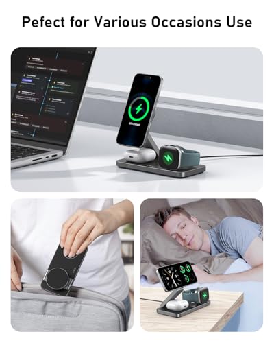 VBA 3 in 1 Wireless Charging Station for Apple MagSafe Charger,Foldable Fast Charging Magnetic Wireless Charger Stand,Travel Charger for iPhone 17 Air 16 15 14 13 12,Apple Watch,AirPods (Black) - color: Black