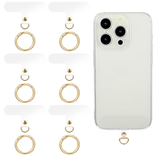 6Sets Phone Tether Tab Heavy Duty, Universal Cell Phone Lanyard Tab with Metal Spring Rings, Phone Patch Connector without Adhesive, Clear Phone Teather Tab Replacement for Phone Case Keychain (Clear)