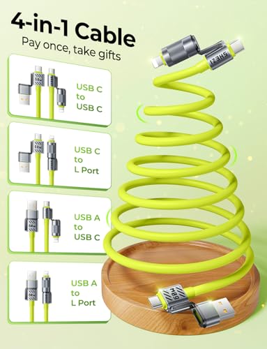 4 in 1 Coiled USB C Cable for Car, 60W USBA/C to Lightning/USBC Cable Combo - color: Green, size: 60W, style: Coiled Cable