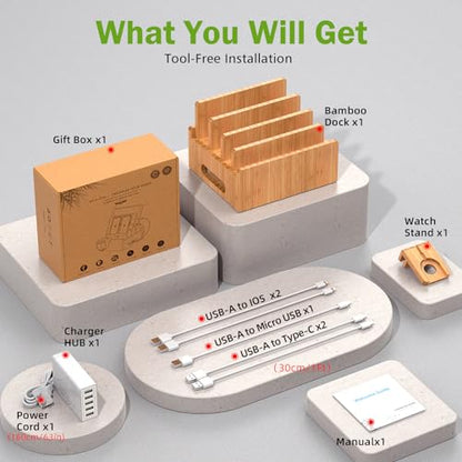 Pezin & Hulin Bamboo Charging Stations with 5 Port USB Charger & 5 Cables - color: Dock Rack +HUB +Cables
