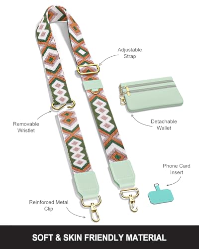 Nipichsha Crossbody Phone Strap with Wallet, Clip and Go Strap for Phone - color: Green Geometry