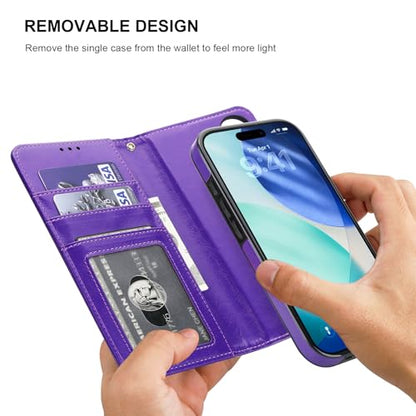 Bocasal Detachable Wallet Case Card Holder for iPhone 17, Purple | RFID Blocking Kickstand Card Slots Holder PU Leather Magnetic Shockproof Wrist Strap Removable Flip Protective Cover 6.3 inch - color: Purple