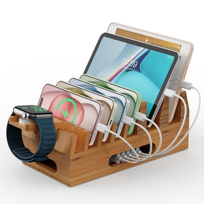 Pezin & Hulin Bamboo Charging Station with 5 Cables-Natural Bamboo - color: Dock Stand +Cables