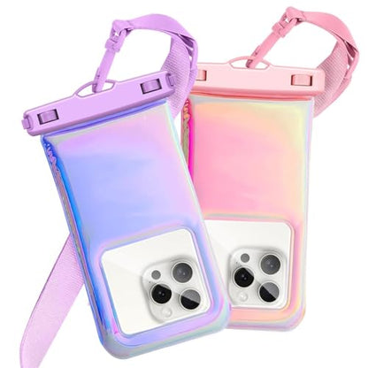 Floatable Waterproof Phone Pouch for iPhone 17 16 Pro Max/15/14/13, IP68 Travel Cellphone Dry Bag Beach Cruise Ship Essentials Bags with Crossbody Lanyard, Iridescent Purple and Pink-7″2 Pax - color: A1-Iridescent Purple and Pink