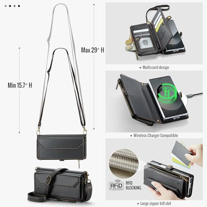 Strapurs Crossbody Wallet Case Compatible with Samsung Galaxy Z Fold 6 with RFID Blocking Card Holder & Pen Holder Slot Soft PU Leather Shoulder Strap Zipper Pocket Purse Fold 6 Phone Case, Black | RFID Blocking 5-Card Holder, Shoulder Lanyard, Wirst Stra