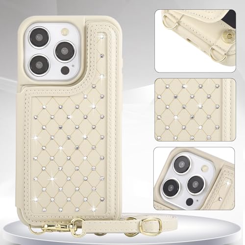 Crossbody Wallet Case for iPhone 12 Pro Max(6.7") with Detachable Strap - PU Leather Flip Folio with Card Slots & RFID Blocking, Sparkling Diamond Accents-Beige - color: Beige, size: iPhone 12 Pro Max(6.7")