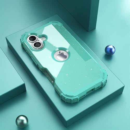 IDweel for iPhone 16 Case with Screen Protector for Women, 3 in 1 Shockproof Slim Fit Hybrid Heavy Duty Hard PC Cover Soft Silicone Bumper Full Body Anti-Fingerprint Case,Glitter Cyan - color: Glitter Cyan