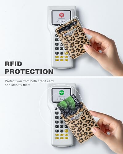VULKIT Stick on Card Holder Compatible for iphone Leather Cell Phone Wallet Credit Card Case Strong Sticker for Women - color: Leopard Chic