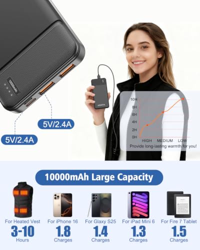 5V 2.4A Battery Pack 10000mAh for Heated Vest, Jacket, Stadium Seats, Chair, Power Bank Portable Charger for USB Devices, Heated Clothing, Heated Blanket, Sleeping Bag, Heated Coat. (Black) - color: Black