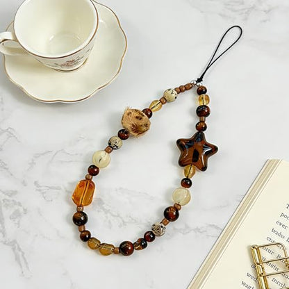 Cute Beaded Camera Wrist Strap for Phone, Digital Camera Charm Lanyard, Pearl Beaded Chain for Bag Keychain Gift - color: Leopard Star