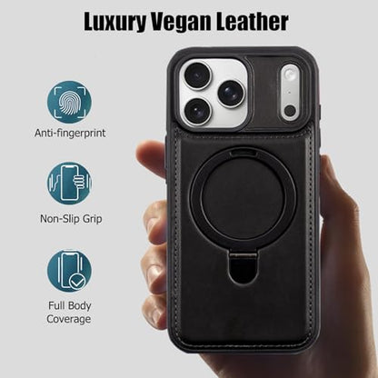 for iPhone 17 Pro Max Leather Case with Magnetic Ring Holder,[Compatible with Wireless Charging] Luxury Slim Shockproof Non-Slip Protective Kickstand Cover for iPhone 17 Pro Max (Black) - color: Black