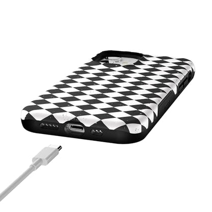 Casely iPhone 12 Mini Case | Harlequin Salem Diamond | Black and White | Bold Protective Design | MagSafe Compatible Design - color: Harlequin Salem Diamond | Black and White, size: Iphone 12 Mini