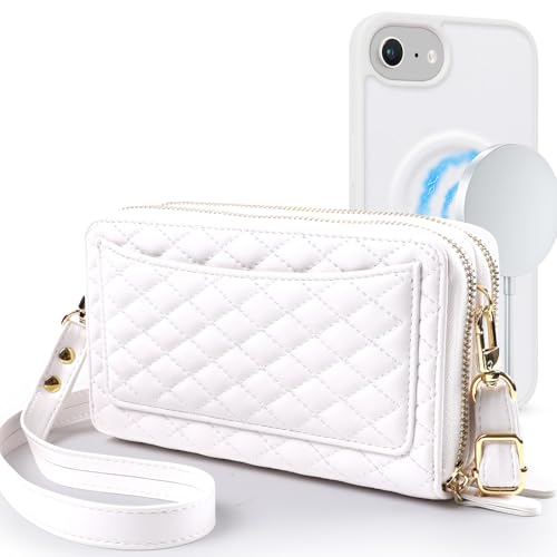 Harryshell Compatible with iPhone 16e / 17e Case Wallet Multi Zipper Detachable Removable Cover Purse with RFID Blocking Card Slots Holder Mirror Crossbody Strap (Compatible with Magsafe - White) - color: Compatible with Magsafe - White, size: iPhone 16e