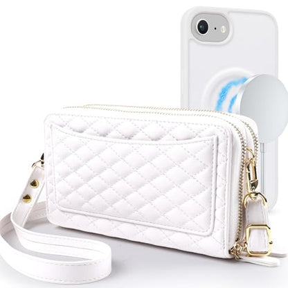 Harryshell Compatible with iPhone 16e / 17e Case Wallet Multi Zipper Detachable Removable Cover Purse with RFID Blocking Card Slots Holder Mirror Crossbody Strap (Compatible with Magsafe - White) - color: Compatible with Magsafe - White, size: iPhone 16e