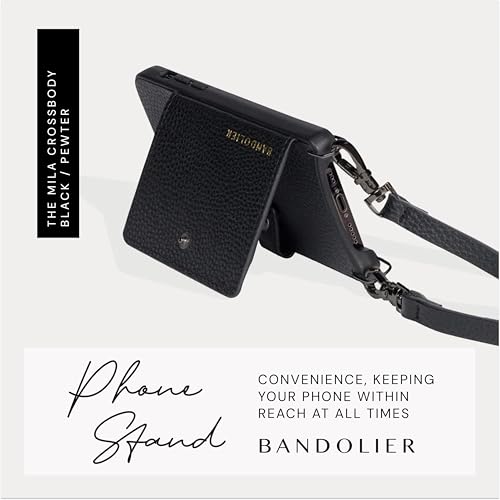 Bandolier Mila Leather Crossbody MagSafe Case iPhone 16 Pro Max - Black/P | Crossbody leather phone case. Built-in card-holder. Adjustable & removable strap. MagSafe Design. Phone drop protection. - color: Black/Pewter, size: iPhone 16 Pro Max
