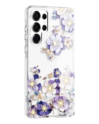 Flower Clear Case for Samsung S25 Ultra, Stylish & Durability Floral Pattern Cover, TPU Bumper Shockproof + PC Protective, Cute, Slim & Lightweight for Galaxy S25 Ultra Case (Purple) - color: Purple, size: for Galaxy S25 Ultra 6.9 Inch