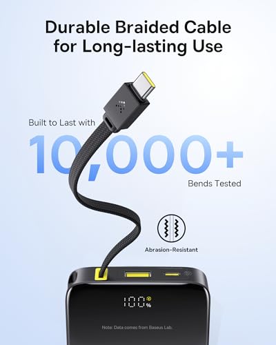 Baseus Portable Charger, 10000mAh Fast Charging Power Bank, 22.5W PD3.0 QC4+ Battery Pack Built-in USB C Braided Cable, Travel Essentials Portable Phone Charger for iPhone 18 17 16 15, iPad, S26/S25