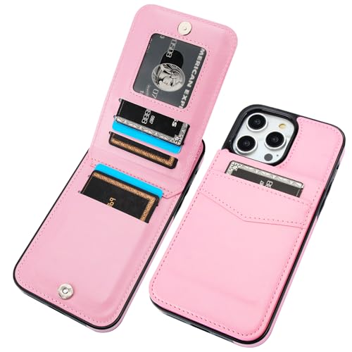KIHUWEY for iPhone 14 Pro Max Wallet Case Card Holder Kickstand, Pink | Credit Card Slots, PU Leather, Magnetic Clasp, Flip Heavy Duty Protection Cover for Men and Women - color: Pink