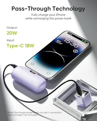Kuulaa Portable Charger with Built-in Lightning Cable 5000mAh Small iPhone Fast Charging Mini Portable Phone Charger for iPhone 14/13/13 Pro/12/12 Pro/11/XR/XS/X/8/7/6, Purple - color: Purple
