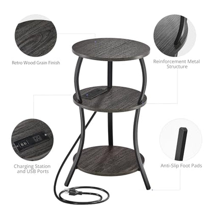 YEAKOO Small Side Table with Charging Station,3-Tier Round end Table - color: Grey, style: USB Charger