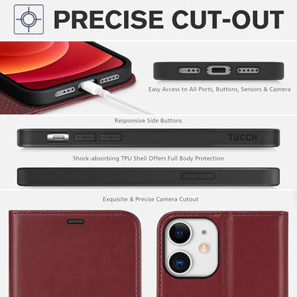TUCCH Case Wallet for iPhone 12/12 Pro 6.1", RFID Blocking Folio, Dark Red | 3 Card Holders, Kickstand, PU Leather, Magnetic Closure, Shockproof TPU Shell, Protective Flip Cover - color: Dark Red