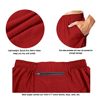 EZRUN Men's 5" Athletic Running Shorts Quick Dry with Liner Zip Pocket - color: Red, size: Medium