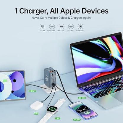 Retractable Apple Watch Charger, 5 in 1 Wall Charger with 3 Retractable Cables for Older iPhones & USB-C Devices, 35W Foldable Charger Block for iPhone 17/16/15/14, iPad, AirPods (Gray) - color: Gray