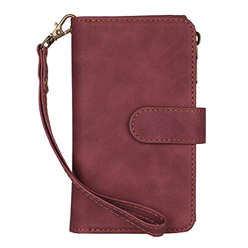 iCoverCase for iPhone 12 Mini Wallet Case with Card Holder and Wrist Strap, PU Leather Kickstand Card Slots Zipper Pocket Magnetic [Detachable] Flip Cover Case 5.4 Inch (Claret) - color: Claret