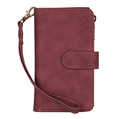 iCoverCase for iPhone 12 Mini Wallet Case with Card Holder and Wrist Strap, PU Leather Kickstand Card Slots Zipper Pocket Magnetic [Detachable] Flip Cover Case 5.4 Inch (Claret) - color: Claret
