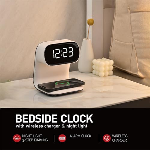 Wireless Charger Alarm Clock, Featuring Wireless Charging, Clock, Alarm, 3-Level Lighting, 15W Fast Wireless Charging, and Compatibility with All Qi-Enabled Devices, A40 White. - color: Wireless Charger Alarm Clock A40 White