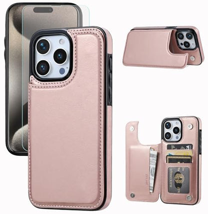 Wallet Case Compatible with iPhone 15 Pro Max(6.7"),Slim Protective case with Card Holder with 1 Screen Protective Glass,Premium PU Leather Kickstand Card Slots Case-Rose Gold - color: Rose Gold