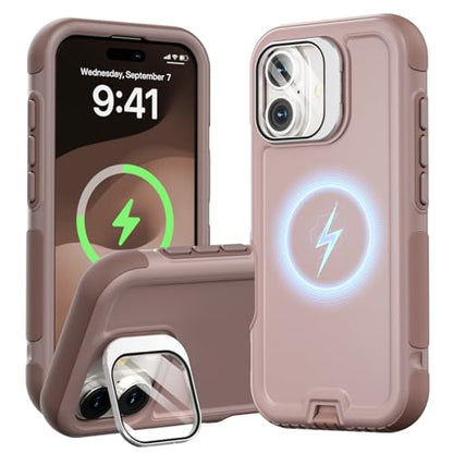 Follaroma Magnetic for iPhone 17 Case with Camera Stand, Light Brown, 6.3" | Built-in Glass Camera Cover,Compatible with MagSafe,Heavy Duty Shockproof Protective,Military-Grade Anti-DropDual Layer Cover - color: Brown Pink, size: iPhone 17 6.3''