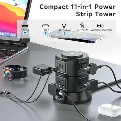 Power Strip Tower 1875W 15A with 15W Magnetic Wireless Charger, Dual-Layer Rotatable Design, 540 Joules Surge Protector Tower with 6 AC Outlets and 4 USB Ports(2USBA+2USBC), 5FT Braided Extension Cord - size: 1875W Tower