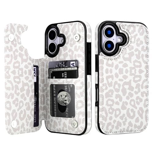 HAOPINSH Wallet Case with Card Holder for iPhone 17 White Leopard Cheetah Pattern Back Flip Folio PU Leather Kickstand Card Slots Case for Women Girls,Magnetic Clasp Shockproof 6.3" - color: White Leopard