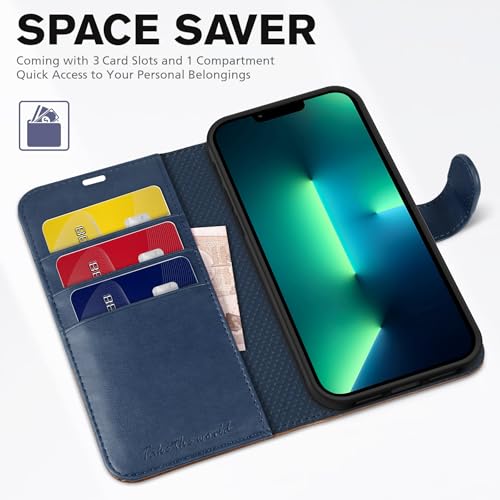 TUCCH Case Wallet for iPhone 13 Pro 6.1", RFID Blocking Folio, Blue & Brown | 3 Card Holders, Kickstand, PU Leather, Magnetic Closure, Shockproof TPU Shell, Protective Flip Cover - color: Dark Blue & Brown