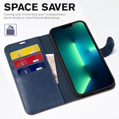 TUCCH Case Wallet for iPhone 13 Pro 6.1", RFID Blocking Folio, Blue & Brown | 3 Card Holders, Kickstand, PU Leather, Magnetic Closure, Shockproof TPU Shell, Protective Flip Cover - color: Dark Blue & Brown