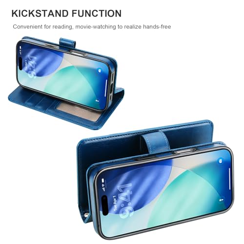 Bocasal Detachable Wallet Case Card Holder for iPhone 17 Pro, Blue | RFID Blocking Kickstand Card Slots Holder PU Leather Magnetic Shockproof Wrist Strap Removable Flip Protective Cover 6.3 inch - color: Blue