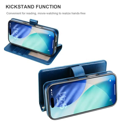 Bocasal Detachable Wallet Case Card Holder for iPhone 17 Pro, Blue | RFID Blocking Kickstand Card Slots Holder PU Leather Magnetic Shockproof Wrist Strap Removable Flip Protective Cover 6.3 inch - color: Blue