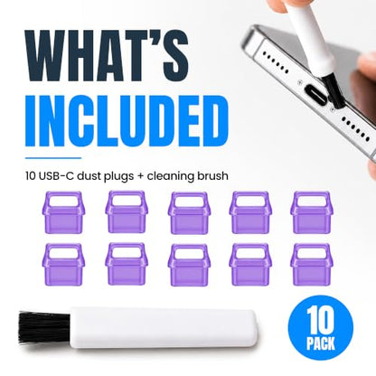 USB C Dust Plugs 10 Pack with Easy Grip Tabs and Cleaning Brush, Purple - color: Purple, size: 10 Pack