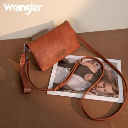 Wrangler Wristlet Wallets for women Crossbody Wallet Small Purse RFID Blocking Bifold Clutch Credit Card Holder Purse with Crossbody Strap - color: B-brown