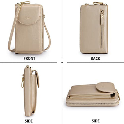 S-ZONE Small Crossbody Bags for Women Phone Purse RFID Blocking Wallet | Card Slots, Vegan Leather, Anti-theft, Multi Pockets, Detachable Adjustable Strap, Travel Eveyday Outing - color: Metallic Gold