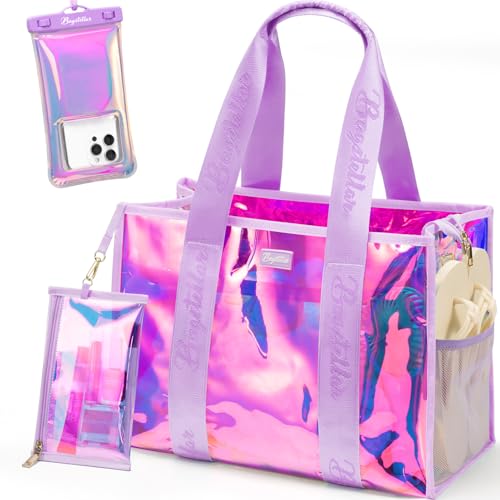 Bagstellar Iridescent Beach Bag, Jelly Tote Bag with Phone Pouch Makeup Bag | Large Beach Bags Waterproof Sandproof, Zipper Beach Tote Clear Pool Swim Boat Bag for Women Summer Travel Cruise Essentials - color: Magenta