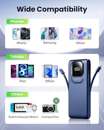 Portable Charger with Built-in Cables,22.5W Super Fast Charging Power Bank Slim Phone Charger,10000mAh Travel Battery Pack Battery Bank with Smart LED Display for iPhone, Android & USB-C - color: Blue