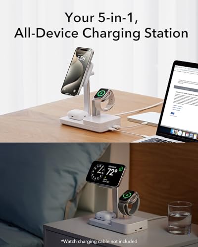 ESR 65W 4-in-1 GaN Wireless Charging Station(5-in-1 Stand), Designed for MagSafe Charger Stand, Magnetic Wireless Charger for iPhone 15/14/13, AirPods Pro/3/2, and USB A/C Devices, White